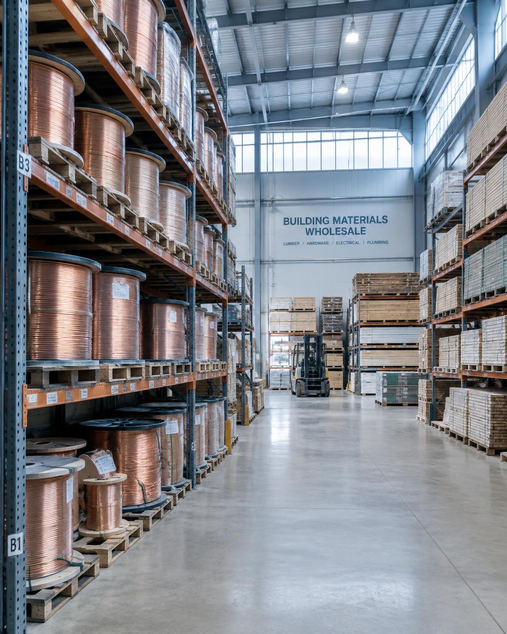 Warehouse aisle with stacked copper cable spools and pallets of treated lumber
